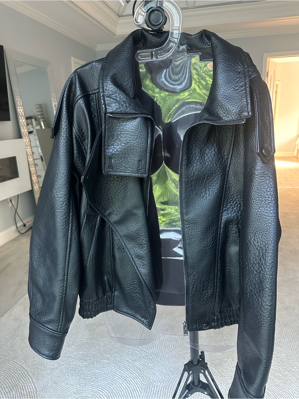 Zara Black Leather Bomber Jacket with Utility Pockets NWOT - Picture 6 of 9